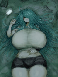 Rule 34 | 1girl, 2b-ge, ahoge, bags under eyes, breasts, closed eyes, eyelashes, female focus, gigantic breasts, green theme, grey background, hair over one eye, highres, huge breasts, limited palette, long hair, lying, mei (2b-ge), midriff, open mouth, original, phone, shirt, shorts, sleeping, solo, thick eyebrows, white shirt, wide hips