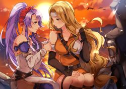 Rule 34 | 2girls, absurdres, bandages, belt, belt buckle, blonde hair, blush, brigid (fire emblem), buckle, commission, commissioner upload, dress, elbow gloves, fingerless gloves, fire emblem, fire emblem: genealogy of the holy war, gloves, hairband, headband, highres, jewelry, long hair, looking at another, low-tied long hair, multiple girls, muneate, nintendo, ocean, orange dress, outdoors, ponytail, purple eyes, purple hair, rock, sitting, smile, sunset, tailtiu (fire emblem), thigh strap, thighs, very long hair, wawatiku, white dress, yellow eyes