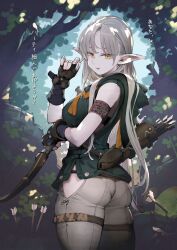 Rule 34 | 1girl, armband, arrow (projectile), ass, black gloves, blood, bow (weapon), breasts, commentary, cowboy shot, dappled sunlight, day, elf, fingerless gloves, forest, gloves, green hoodie, grey hair, grey pants, highres, hip vent, holding, holding bow (weapon), holding hair, holding own hair, holding weapon, hood, hood down, hoodie, jun (navigavi), long hair, looking at viewer, medium breasts, nature, orc, original, outdoors, pants, parted lips, pointy ears, quiver, sleeveless, sleeveless hoodie, smile, solo focus, standing, sunlight, thigh strap, translated, weapon, yellow eyes