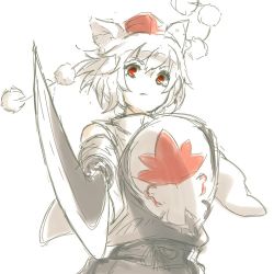 Rule 34 | 1girl, animal ears, bad id, bad twitter id, bare shoulders, detached sleeves, fighting stance, hat, inubashiri momiji, leaf, looking at viewer, maple leaf, nuqura, pom pom (clothes), red eyes, shield, short hair, simple background, solo, sword, tokin hat, touhou, weapon, white background, white hair, wide sleeves, wolf ears