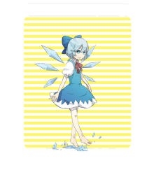 Rule 34 | 1girl, bad id, bad pixiv id, barefoot, cirno, embodiment of scarlet devil, feet, ice, ichiyou, simple background, solo, splashing, striped, striped background, touhou, water, wings