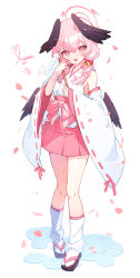Rule 34 | 1girl, apple caramel, bare shoulders, black wings, blue archive, blush, commentary request, detached sleeves, full body, gohei, hair between eyes, hakama, head wings, heart, highres, holding, holding gohei, japanese clothes, koharu (blue archive), long hair, looking at viewer, miko, open mouth, pink eyes, pink hair, pink hakama, ribbon-trimmed sleeves, ribbon trim, sandals, simple background, socks, solo, tabi, white background, white socks, wide sleeves, wings, zouri