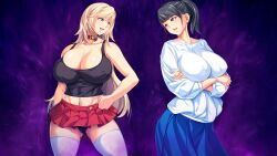 Rule 34 | 2girls, aotonbo, black hair, blonde hair, breasts, cleavage, covered erect nipples, crossed arms, female focus, game cg, groin, hand on own hip, high ponytail, kitamichi makoto, large breasts, legs, long hair, looking at another, midriff, minami mion, miniskirt, multiple girls, navel, open mouth, original, panties, purple background, red eyes, shokusai no shima: island of the dead, simple background, skirt, standing, thighhighs, thighs, underwear, yellow eyes