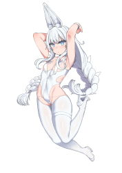 Rule 34 | + +, 1girl, absurdres, animal ear fluff, animal ears, arched back, armpits, arms behind head, azur lane, blue eyes, braid, covered erect nipples, covered navel, era (erasion), flat chest, foot up, full body, hair between eyes, high heels, highleg, highleg leotard, highres, jumping, le malin (azur lane), le malin (listless lapin) (azur lane), leotard, long hair, looking at viewer, official alternate costume, rabbit ears, revealing clothes, shoes, simple background, skin tight, skindentation, solo, thigh strap, thighhighs, thighs, twin braids, very long hair, white background, white hair, white thighhighs, wristband