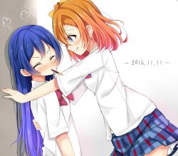 Rule 34 | 2girls, absurdres, bad id, bad twitter id, blue eyes, blue hair, blush, bow, bowtie, closed eyes, commentary, dated, dorisu2, embarrassed, food, from side, hair between eyes, highres, kosaka honoka, long hair, looking at another, love live!, love live! school idol project, mouth hold, multiple girls, one side up, orange hair, otonokizaka school uniform, plaid, plaid skirt, pleated skirt, pocky, red neckwear, school uniform, shirt, short sleeves, skirt, smile, sonoda umi, striped bow, striped bowtie, striped clothes, striped neckwear, white shirt