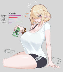 Rule 34 | 1girl, ?, ??, absurdres, alcohol, arm support, beer, beer can, blonde hair, blue eyes, blush, bra strap, bracelet, breasts, can, cleavage, commentary, drink can, drunk, elf, english commentary, gameplay mechanics, grey background, hair bun, hair over one eye, highres, holding, holding can, huge breasts, jewelry, looking at viewer, mole, mole under eye, original, pointy ears, psidubs, short sleeves, shorts, simple background, sitting, solo, squeans