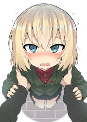 Rule 34 | 1girl, black footwear, black skirt, black socks, blonde hair, blue eyes, blush, brick floor, commentary, emblem, fang, flying sweatdrops, foreshortening, from above, frown, full body, girls und panzer, green jacket, highres, jacket, katyusha (girls und panzer), lifting person, long sleeves, looking at viewer, looking up, miniskirt, miyao ryuu, open mouth, out of frame, pleated skirt, pov, pravda school uniform, red shirt, school uniform, shirt, shoes, short hair, skirt, socks, solo focus, standing, sweatdrop, turtleneck, white background