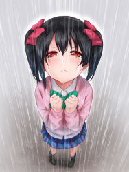 Rule 34 | 1girl, black footwear, black hair, black socks, blue skirt, blush, bow, bowtie, cardigan, clenched hands, closed mouth, collared shirt, commentary request, crying, crying with eyes open, dress shirt, from above, full body, green bow, green bowtie, hair between eyes, hair bow, half-closed eyes, hands up, highres, hitotsuki no yagi, kneehighs, loafers, long sleeves, looking at viewer, love live!, love live! school idol project, medium hair, otonokizaka school uniform, outdoors, pink cardigan, pleated skirt, rain, red bow, red eyes, school uniform, shirt, shoes, skirt, socks, solo, standing, striped bow, striped bowtie, striped clothes, striped neckwear, tareme, tears, twintails, wet, wet clothes, wet shirt, white shirt, yazawa nico
