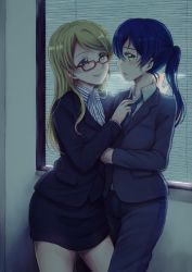 Rule 34 | 10s, 2girls, ayase eli, bespectacled, window blinds, blonde hair, blue eyes, blue hair, blue necktie, blush, formal, glasses, highres, lilylion26, looking away, love live!, love live! school idol project, multiple girls, necktie, office lady, pant suit, pants, parted lips, pencil skirt, ponytail, red-framed eyewear, skirt, skirt suit, sonoda umi, suit, yellow eyes, yuri