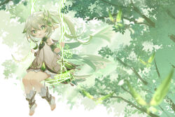 Rule 34 | 1girl, bloomers, bracelet, cape, child, cross-shaped pupils, crystalfly (genshin impact), detached sleeves, dress, genshin impact, gold trim, gradient hair, green cape, green eyes, green hair, green sleeves, hair between eyes, hair ornament, highres, jewelry, kasaaaaka, leaf hair ornament, long hair, looking at viewer, multicolored hair, nahida (genshin impact), open mouth, pointy ears, side ponytail, sitting, sleeveless, sleeveless dress, solo, stirrup footwear, stirrup legwear, symbol-shaped pupils, toeless footwear, toeless legwear, tree, twitter username, underwear, white bloomers, white dress, white footwear, white hair