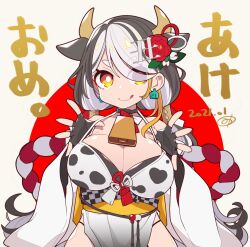 Rule 34 | 1girl, 2021, :q, akeome, animal ears, animal print, bell, black gloves, black hair, breasts, chinese zodiac, cleavage, cow ears, cow girl, cow horns, cow print, cowbell, dated, detached sleeves, ear tag, fingerless gloves, flower, gloves, hair flower, hair ornament, happy new year, horns, japanese clothes, large breasts, long hair, looking at viewer, multicolored hair, mzh, neck bell, new year, orange eyes, original, pelvic curtain, red flower, signature, solo, tongue, tongue out, very long hair, white hair, wide sleeves, year of the ox