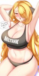 Rule 34 | 1girl, :o, anisdrawn, arm behind head, armpits, arms up, black panties, black sports bra, blonde hair, blush, breasts, cleavage, collarbone, creatures (company), curvy, cynthia (pokemon), game freak, hair ornament, hair over one eye, highres, large breasts, long hair, navel, nintendo, open mouth, panties, pokemon, pokemon dppt, simple background, sitting, solo, sports bra, stomach, strap gap, thighs, thought bubble, underwear, very long hair, waking up, white background