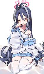Rule 34 | 1girl, alternate costume, antenna hair, bed sheet, blue archive, blue hair, camisole, fang, fubuki (blue archive), gang h, halo, highres, jacket, long hair, long sleeves, multicolored hair, off shoulder, one eye closed, open mouth, red eyes, rubbing eyes, shirt, sidelocks, skin fang, solo, strap slip, streaked hair, tearing up, thighhighs, waking up, white background, white shirt, white thighhighs