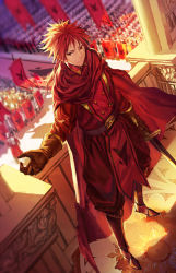 Rule 34 | banner, cape, formal, gloves, infukun, long hair, male focus, pixiv fantasia, pixiv fantasia t, ponytail, red eyes, red hair, soldier, solo focus, sword, weapon