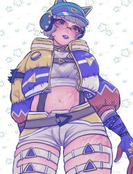 Rule 34 | 1girl, animal ear headphones, animal ears, animification, apex legends, blue eyes, blue hat, cat ear headphones, cropped shirt, facial scar, fake animal ears, gloves, grey hair, grey shirt, grey shorts, hat, headphones, highres, jacket, looking down, midriff, multicolored clothes, multicolored jacket, navel, official alternate costume, parted lips, purple gloves, purple jacket, purple lips, ritomidi, scar, scar on cheek, scar on face, scar on leg, scar on stomach, shirt, short shorts, shorts, smile, solo, star (symbol), sunglasses, thigh strap, thunder kitty wattson, visor cap, wattson (apex legends), yellow jacket