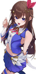 Rule 34 | 1girl, absurdres, bare shoulders, blue eyes, blue skirt, blue vest, brown hair, commentary, cropped shirt, d4kou16, diamond hair ornament, from above, hair flaps, hair ornament, hand up, highres, hololive, leg ribbon, long hair, looking at viewer, midriff, navel, open clothes, open mouth, open vest, pleated skirt, ribbon, shirt, simple background, skirt, smile, solo, star (symbol), star hair ornament, symbol-only commentary, thigh ribbon, tokino sora, tokino sora (1st costume), vest, virtual youtuber, white arm warmers, white background, white shirt