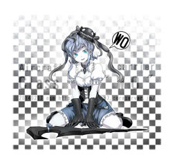 Rule 34 | 10s, 1girl, abyssal ship, adapted costume, alternate hairstyle, blue eyes, breasts, character name, checkered background, cleavage, dated, dress, gloves, gothic lolita, hat, jewelry, kantai collection, lolita fashion, looking at viewer, necklace, open mouth, oso (toolate), pale skin, personification, short hair, silver hair, small breasts, smile, solo, speech bubble, staff, watermark, web address, wo-class aircraft carrier