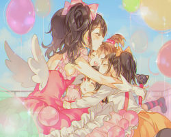 Rule 34 | 10s, 1boy, 3girls, angel wings, balloon, black hair, brother and sister, brown hair, child, closed eyes, dress, from side, hair bobbles, hair ornament, hoshii hisa, hug, kiss, kissing forehead, love live!, love live! school idol project, multiple girls, red dress, red eyes, siblings, sisters, socks, striped clothes, striped legwear, striped socks, tears, wings, yazawa cocoa, yazawa cocoro, yazawa cotaro, yazawa nico