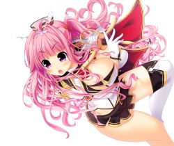 Rule 34 | 1girl, between breasts, blush, bouncing breasts, breasts, cape, cleavage, demon busters, game cg, gloves, hat, highres, hinata ai, huge breasts, itou life, legs, long hair, looking away, open mouth, pink eyes, pink hair, simple background, skirt, solo, standing, sword, thighs, weapon, white legwear
