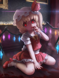 Rule 34 | 1girl, bat wings, blonde hair, blood, blood on face, blood on hands, bow, buttons, candle, flandre scarlet, hat, hat bow, highres, indoors, looking at viewer, mary janes, mob cap, novcel, red eyes, shoes, sitting, skirt, socks, solo, touhou, vampire, wariza, white socks, wings, wooden floor