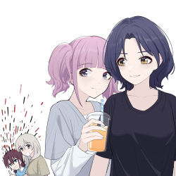 Rule 34 | 4girls, black hair, black shirt, blue eyes, blue shirt, brown eyes, brown shirt, commentary request, drink, drinking straw, girls band cry, grey eyes, grey hair, grey shirt, highres, hina (girls band cry), holding, holding drink, iseri nina, kawaragi momoka, layered sleeves, long hair, long sleeves, looking at another, medium hair, middle finger, multiple girls, nana (girls band cry), parted lips, pink hair, red hair, shirt, short over long sleeves, short sleeves, short twintails, simple background, smile, twintails, upper body, white background, yun cao bing