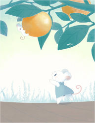 Rule 34 | ayu (mog), blue bow, blue dress, blush, bow, branch, climbing, commentary, dress, english commentary, food, food focus, from side, fruit, grass, leaf, mixed-language commentary, mouse (animal), no humans, orange (fruit), original, signature