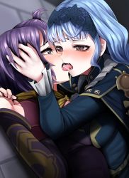 Rule 34 | 2girls, absurdres, against wall, bernadetta von varley, blue hair, blush, commission, commissioner upload, fire emblem, fire emblem: three houses, fire emblem warriors: three hopes, french kiss, grey eyes, highres, kiss, looking at another, marianne von edmund, medium hair, multiple girls, nemu (nebusokugimi), nintendo, pixiv commission, purple hair, resolution mismatch, short hair, source smaller, tongue, tongue out, yuri