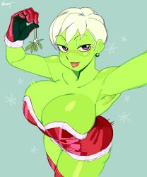 Rule 34 | 1girl, absurdres, breasts, cheelai, christmas, cleavage, colored skin, dragon ball, dragon ball super, dress, earrings, gloves, green skin, highres, jewelry, large breasts, lipstick, makeup, mistletoe, nezulet, red thighhighs, santa dress, seductive smile, shiny skin, short dress, short hair, simple background, smile, thighhighs