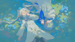 Rule 34 | 1boy, 1girl, black pantyhose, blue flower, blue hair, blue scarf, buttons, cloak, closed mouth, coat, commentary request, cowboy shot, elf, flower, frieren, grass, green eyes, hano 1219, highres, himmel (sousou no frieren), long hair, long sleeves, lying, on back, on grass, on side, one eye closed, outdoors, pantyhose, parted bangs, pointy ears, scarf, short hair, smile, sousou no frieren, twintails, white cloak, white coat, white hair