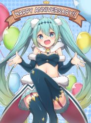 Rule 34 | 1girl, amulet, anniversary, aqua eyes, aqua hair, b.c, balloon, cape, commentary, cowboy shot, crown, detached sleeves, dotted background, earrings, fur-trimmed cape, fur-trimmed sleeves, fur trim, garter straps, hair ornament, hatsune miku, jewelry, long hair, looking at viewer, midriff, navel, open mouth, outstretched hand, pom pom (clothes), pom pom hair ornament, race queen, racing miku, racing miku (2018), skirt, smile, solo, sparkle, sparkling eyes, star (symbol), star earrings, star hair ornament, thighhighs, twintails, very long hair, vocaloid