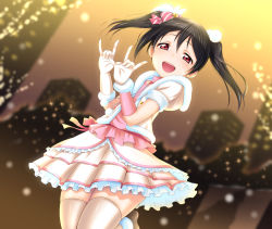 Rule 34 | 10s, 1girl, \m/, black hair, blush, bow, double \m/, hair bow, jumping, looking at viewer, love live!, love live! school idol project, nico nico nii, open mouth, red eyes, satou kuuki, short hair, skirt, smile, snow halation, solo, thighhighs, twintails, yazawa nico