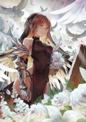 Rule 34 | 1girl, armor, bare shoulders, bird, black dress, blue eyes, blurry, bouquet, breasts, brown hair, choker, cloud, cloudy sky, commentary request, depth of field, dress, flower, gauntlets, graveyard, groin, highres, holding, holding bouquet, impossible clothes, impossible dress, long hair, looking at viewer, medium breasts, okuma mai, original, outdoors, petals, rain, rose, sky, solo, standing, veil, white flower, white rose