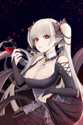 Rule 34 | 1girl, alcohol, anizi, azur lane, bare shoulders, between breasts, black dress, breasts, cleavage, commentary request, cup, dress, drinking glass, earrings, formidable (azur lane), frilled dress, frills, grey hair, hair ribbon, highres, holding, holding cup, jewelry, large breasts, long hair, long sleeves, looking at viewer, red eyes, ribbon, solo, twintails, very long hair, wine, wine glass