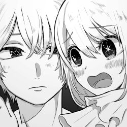 Rule 34 | 1boy, 1girl, absurdres, blush, brother and sister, closed mouth, commentary request, greyscale, highres, hoshino aquamarine, hoshino ruby, mismatched pupils, monochrome, onakapecopecopeco, open mouth, oshi no ko, siblings, star-shaped pupils, star (symbol), symbol-shaped pupils