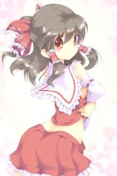 Rule 34 | 1girl, blush, bow, clothes lift, cowboy shot, detached sleeves, frilled bow, frilled skirt, frills, grey hair, hair between eyes, hair bow, hair tubes, hakurei reimu, half updo, highres, josephine (twin tail rabbit), long hair, looking at viewer, midriff, no mouth, pink background, ponytail, red eyes, shirt lift, skirt, skirt set, solo, tareme, touhou