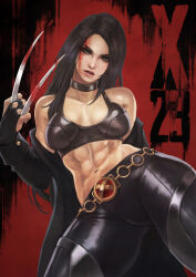 Rule 34 | 1girl, abs, absurdres, bare shoulders, black gloves, black hair, blood, breasts, chain belt, claws, collar, gloves, green eyes, highres, laura kinney, leather, leather pants, marvel, medium breasts, midriff, monori rogue, pants, red background, solo, x-23, x-men