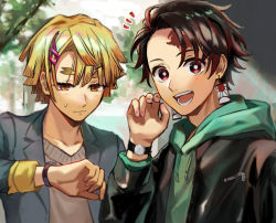 Rule 34 | 2boys, agatsuma zenitsu, black jacket, blonde hair, brown hair, contemporary, earrings, hair ornament, hairclip, highres, hood, hoodie, jacket, jewelry, kamado tanjirou, kimetsu no yaiba, looking at viewer, looking at watch, multiple boys, open mouth, pote-mm, scar on face, scar on forehead, smile, watch, wristwatch