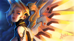 Rule 34 | 1girl, armor, backlighting, blonde hair, blue eyes, bodysuit, breastplate, breasts, clothes writing, cloud, cloudy sky, dated, eyelashes, from side, glowing, glowing wings, hair ornament, hair tie, halo, headgear, high ponytail, highres, lips, lipstick, long hair, looking at viewer, makeup, mechanical halo, mechanical wings, medium breasts, mercy (overwatch), night, night sky, overwatch, overwatch 1, parted lips, pink lips, ponytail, portrait, signature, sky, solo, spread wings, squidsmith, star (sky), starry sky, turtleneck, upper body, wing print, wings, yellow wings