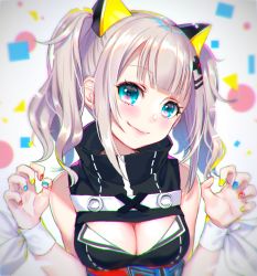 Rule 34 | 1girl, animal ears, ao+beni, blue eyes, blush, breasts, cat ears, chromatic aberration, claw pose, cleavage cutout, clothing cutout, d-pad, d-pad hair ornament, fake animal ears, grey hair, hair ornament, hairpin, hands up, kaguya luna, looking at viewer, medium breasts, multicolored nails, nail polish, ribbon, sidelocks, sleeveless, smile, solo, the moon studio, turtleneck, twintails, upper body, virtual youtuber, wrist cuffs, wrist ribbon