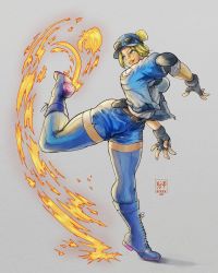 Rule 34 | 1girl, a.b.singh, blonde hair, blue eyes, boots, capcom, elbow pads, final fight, final fight 3, fingerless gloves, fire, gloves, hat, highres, lucia morgan, police, ponytail, shorts, smile, street fighter, street fighter v, sunglasses, sunglasses on head, thick thighs, thighhighs, thighs