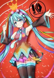 Rule 34 | 1girl, anniversary, aqua eyes, aqua hair, aqua necktie, arm up, armpits, barcode, black skirt, black thighhighs, closed mouth, cowboy shot, crown, detached sleeves, hatsune miku, highres, long hair, looking at viewer, multicolored clothes, multicolored eyes, multicolored hair, multicolored shirt, multicolored skirt, necktie, orendi laran, pink eyes, red background, shirt, signature, simple background, skirt, sleeveless, sleeveless shirt, smile, solo, thighhighs, twintails, vocaloid, zettai ryouiki