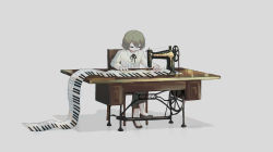Rule 34 | 1other, absurdres, androgynous, avogado6, black ribbon, closed eyes, closed mouth, collared shirt, facing viewer, grey background, grey footwear, grey pants, highres, instrument, long sleeves, neck ribbon, original, pants, piano, ribbon, sewing machine, shirt, shoes, short hair, simple background, sitting, smile, white shirt, wing collar