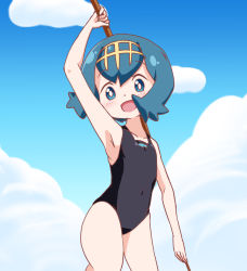 Rule 34 | 1girl, :d, arm up, armpits, blue eyes, blue hair, blush, cloud, collarbone, commentary request, covered navel, creatures (company), day, game freak, gold hairband, hairband, happy, holding, lana (pokemon), looking at viewer, nintendo, no sclera, one-piece swimsuit, open mouth, owlz, pokemon, pokemon sm, short hair, sky, smile, solo, swimsuit, trial captain