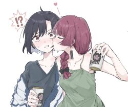 Rule 34 | !?, 2girls, alcohol, bare arms, bare shoulders, beer can, black bow, black hair, black shirt, blue jacket, blush, bocchi the rock!, bow, braid, can, closed eyes, commentary request, dress, drink can, drunk, gotoh hitori, gotoh hitori (octopus), green dress, hair bow, hair over shoulder, heart, highres, hiroi kikuri, holding, holding can, iwashita shima, jacket, kiss, kissing cheek, long hair, moga (ponco gris), multicolored clothes, multicolored jacket, multiple girls, off shoulder, open clothes, open jacket, purple hair, red eyes, shirt, short hair, simple background, single braid, two-tone jacket, upper body, white background, white jacket, yuri