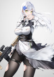 Rule 34 | 1girl, absurdres, alternate costume, assault rifle, black choker, black pantyhose, breasts, choker, covering own mouth, cross, cross necklace, dress, feet out of frame, girls&#039; frontline, green eyes, gun, h&amp;k hk416, hand in mouth, hand over own mouth, highres, hk416 (girls&#039; frontline), holding, holding weapon, jewelry, large breasts, long hair, looking at viewer, lubikaya, necklace, pantyhose, rifle, simple background, solo, standing, suspenders, torn clothes, torn pantyhose, weapon, white background, white hair