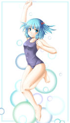 Rule 34 | 1girl, bad id, bad pixiv id, barefoot, blue eyes, blue hair, female focus, hair bobbles, hair ornament, kawashiro nitori, matching hair/eyes, mochi.f, one-piece swimsuit, school swimsuit, short hair, solo, swimsuit, touhou, two side up