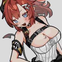 Rule 34 | 1girl, armband, blue archive, blue eyes, blush, breasts, cleavage, collarbone, demon tail, fang, grey background, grey shirt, large breasts, lowres, masuda (dotpict3010606), megu (blue archive), pixel art, pointy ears, ponytail, red hair, ribbed shirt, shirt, simple background, smile, solo, strapless, strapless shirt, tail, upper body, v-shaped eyebrows