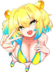 Rule 34 | + +, 1girl, bare shoulders, bikini, blonde hair, blue eyes, blue hair, blush, bombergirl, breasts, chawan (yultutari), cleavage, collarbone, fang, foreshortening, grenade hair ornament, hand on own chest, highres, large breasts, looking at viewer, multicolored hair, open mouth, pine (bombergirl), short hair, simple background, smile, solo, swimsuit, symbol-shaped pupils, twintails, two-tone hair, w, white background, yellow bikini, yellow pupils