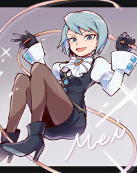 Rule 34 | 1girl, ace attorney, ascot, black footwear, black gloves, black skirt, black vest, blue eyes, blue hair, boots, character name, earrings, franziska von karma, gem, gloves, high heel boots, high heels, highres, holding, jewelry, juliet sleeves, long sleeves, looking at viewer, mole, mole under eye, nono (norabi), open mouth, pantyhose, pencil skirt, puffy sleeves, shirt, short hair, skirt, smile, solo, vest, whip, white shirt