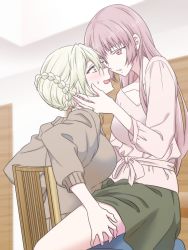 Rule 34 | 2girls, artoria pendragon (fate), artoria pendragon (lancer alter) (fate), bad id, bad twitter id, blonde hair, blue pants, blush, brown shirt, casual, chair, commentary request, face-to-face, fate/grand order, fate (series), florence nightingale (fate), green skirt, hair bun, hair down, long hair, multiple girls, open mouth, pants, pink eyes, pink hair, pink shirt, shirt, single hair bun, sitting, sitting on lap, sitting on person, skirt, sweat, yellow eyes, yoshii udon, yuri